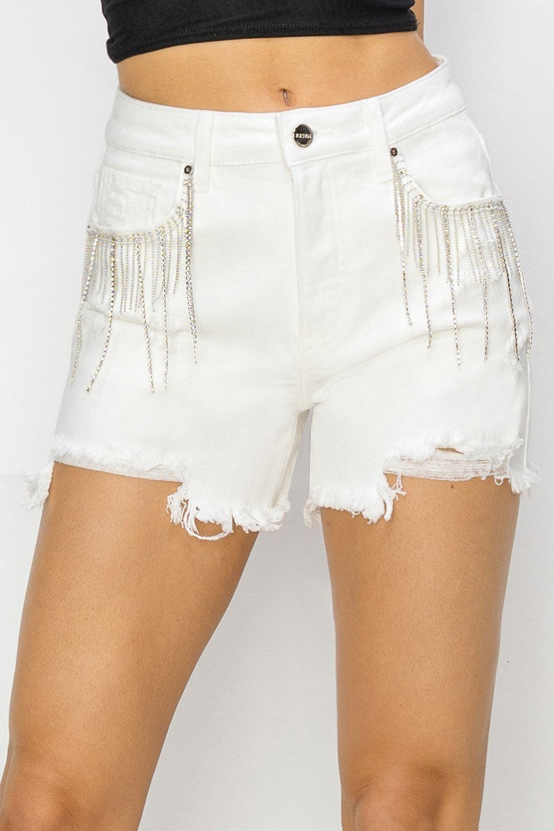 Risen Rhinestone High-Rise Shorts White