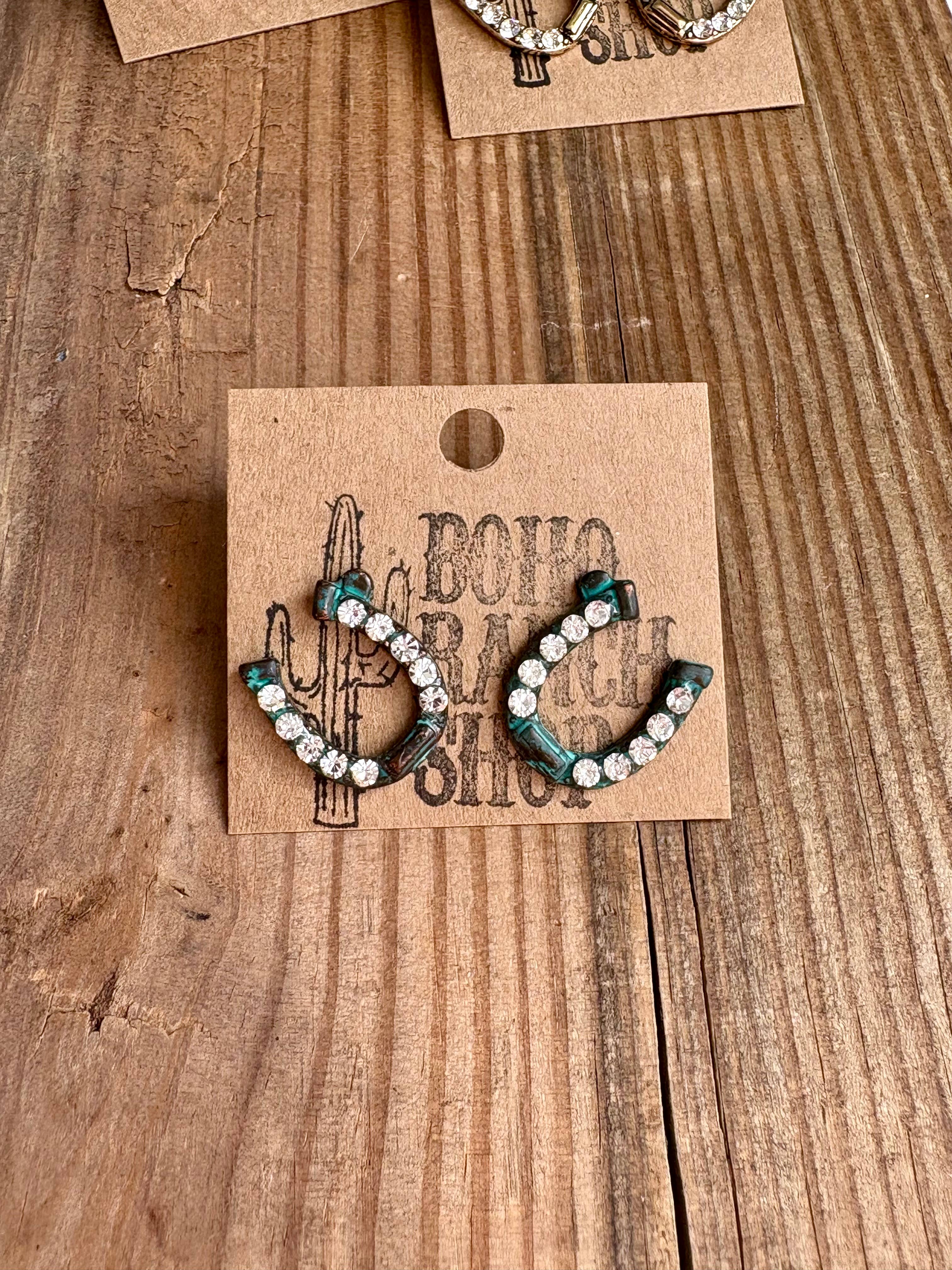 Western Horseshoe Stud Rhinestone Earrings