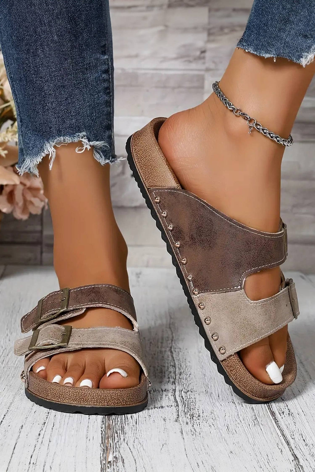Western Suede Rivet Slip-On Sandals