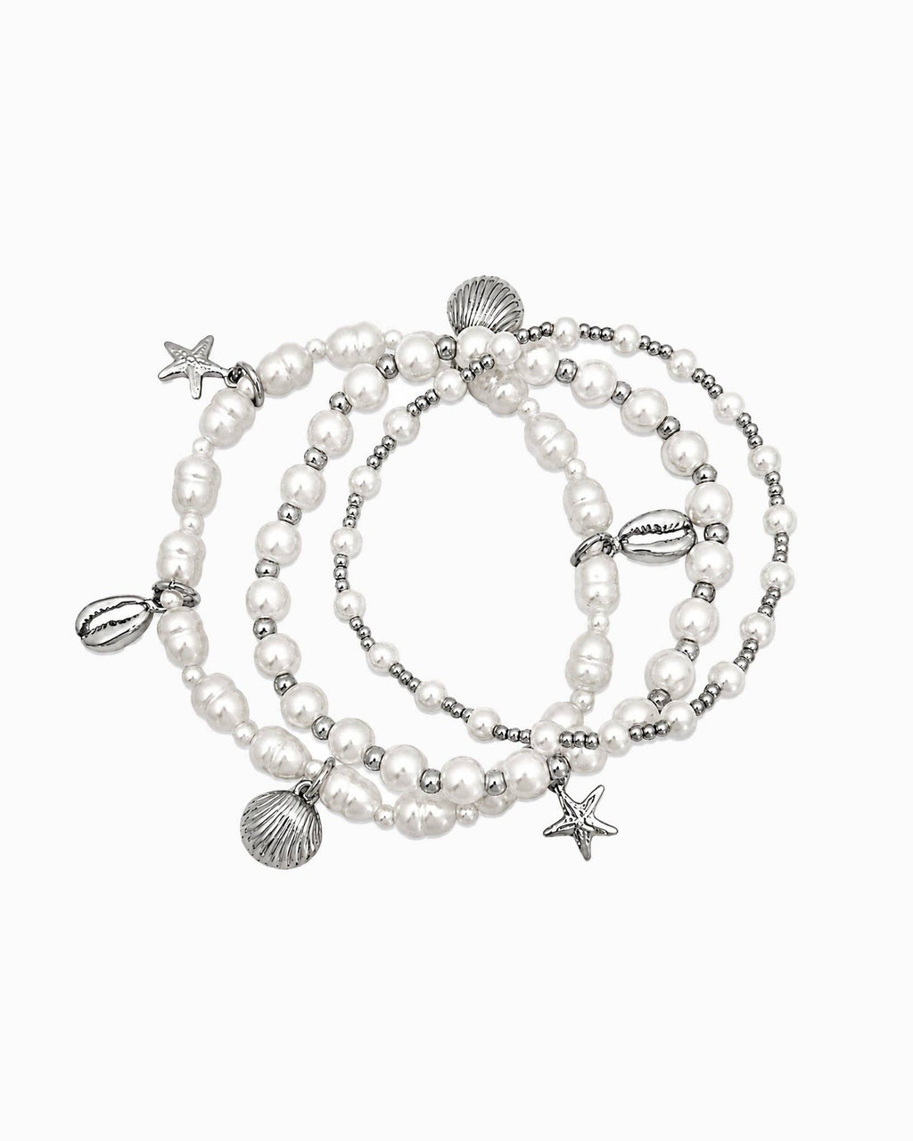 Coastal Stackable Shell Starfish Pearl Stretch Bracelet Set