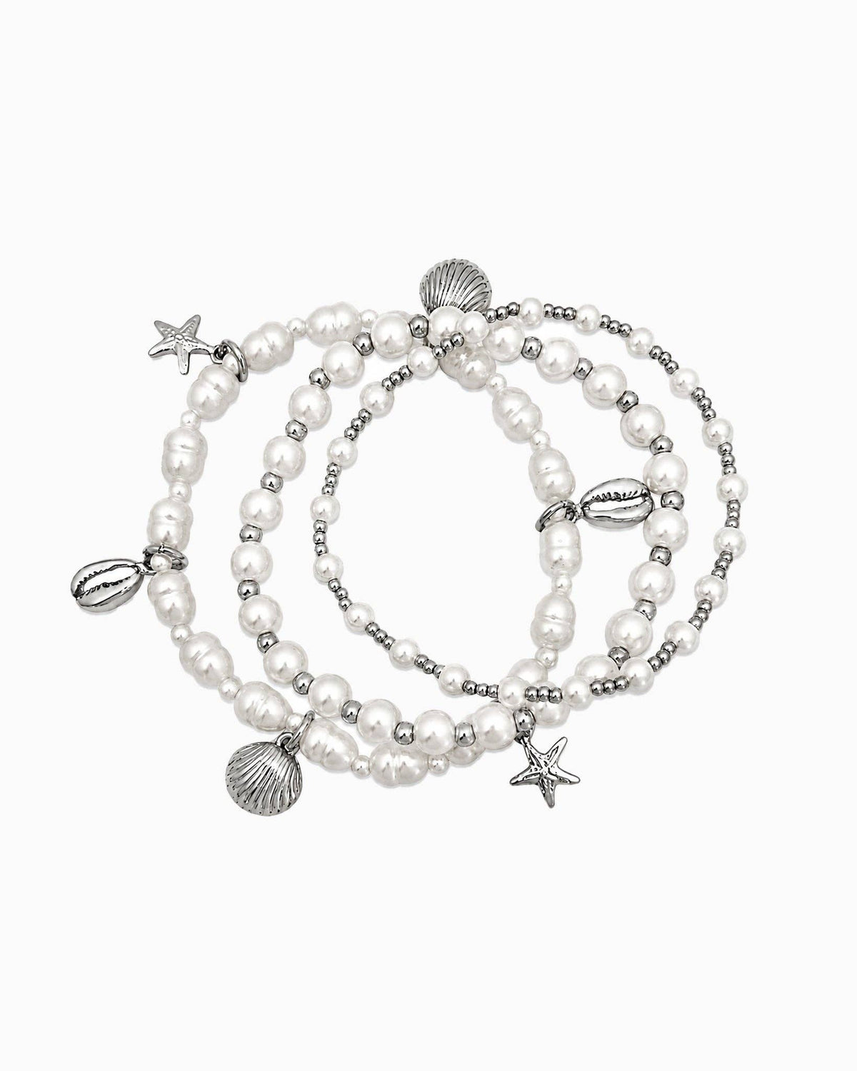 Coastal Stackable Shell Starfish Pearl Stretch Bracelet Set