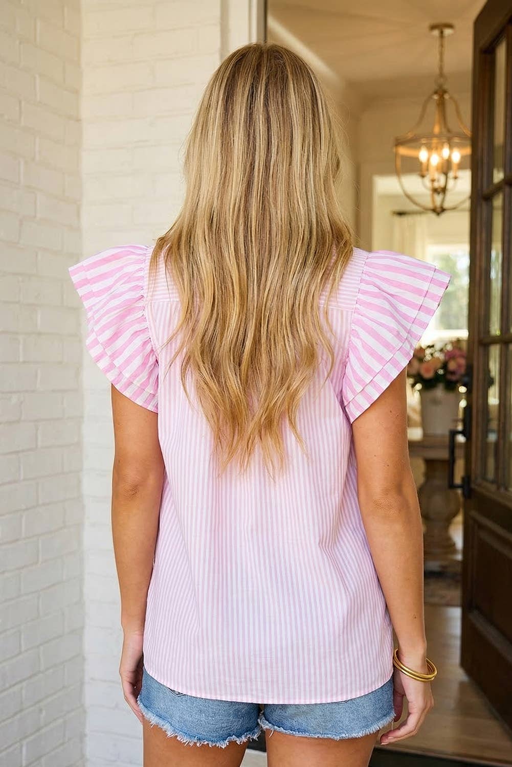 Stripe Contrast V Neck Flutter Sleeve Blouse
