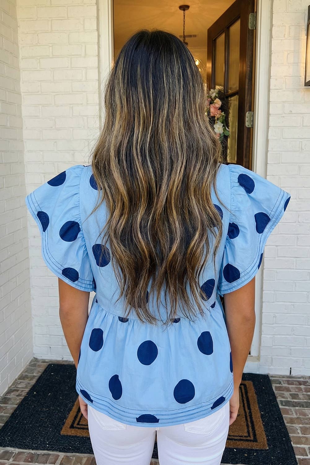 Polka Dot Ruffled Buttoned Collared Blouse