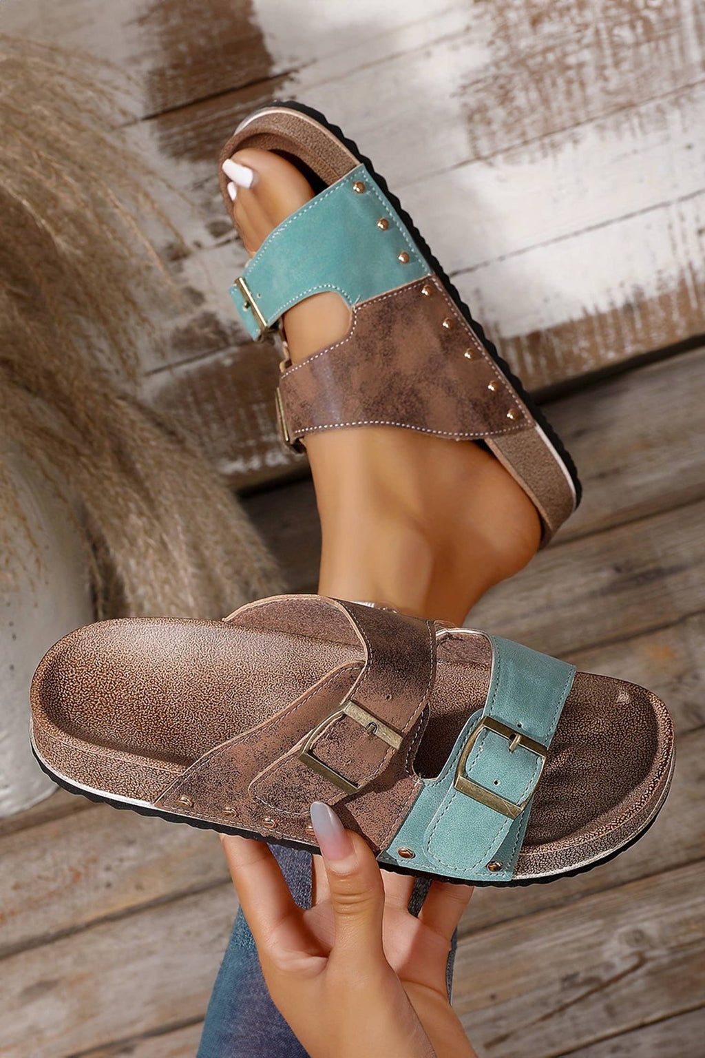 Western Suede Rivet Slip-On Sandals
