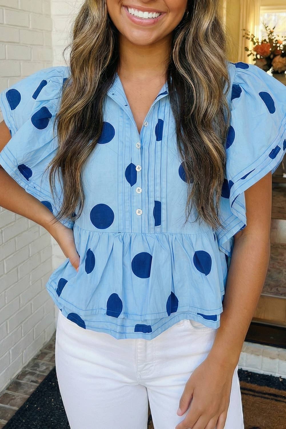 Polka Dot Ruffled Buttoned Collared Blouse