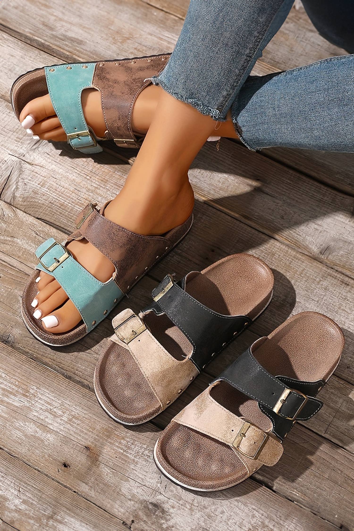 Western Suede Rivet Slip-On Sandals