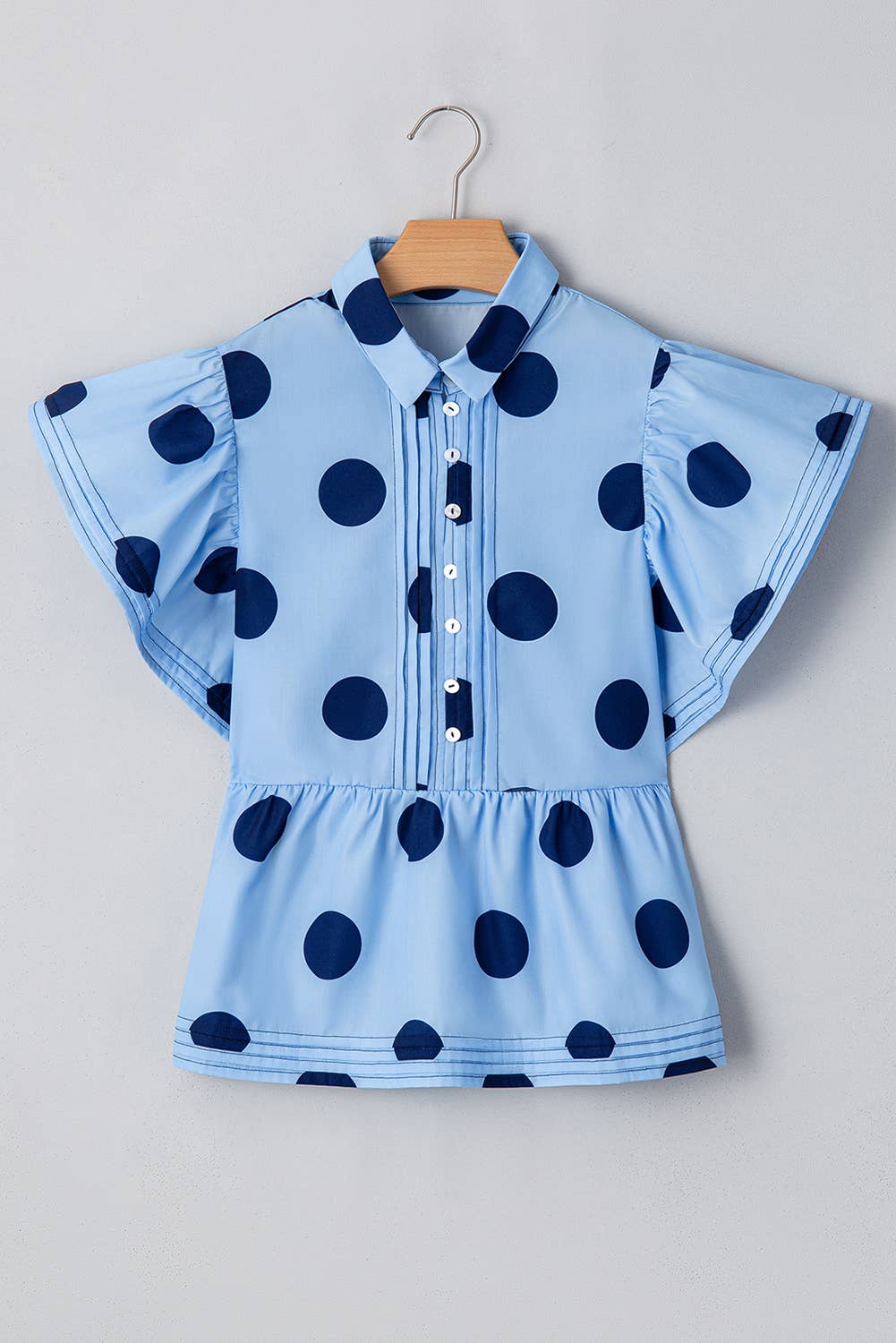 Polka Dot Ruffled Buttoned Collared Blouse