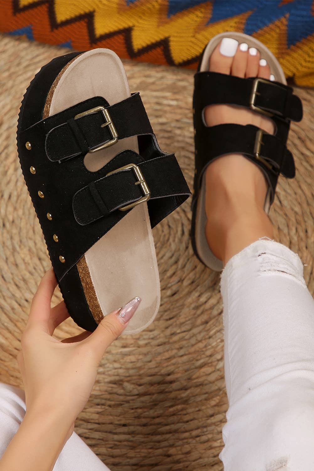 Suede Buckle Footbed Sandal Slippers