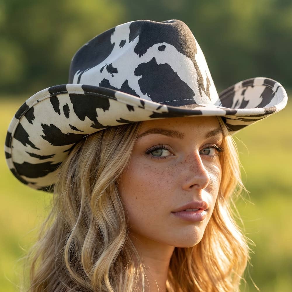 Faux Suede Cow Print Western Cowboy Hat