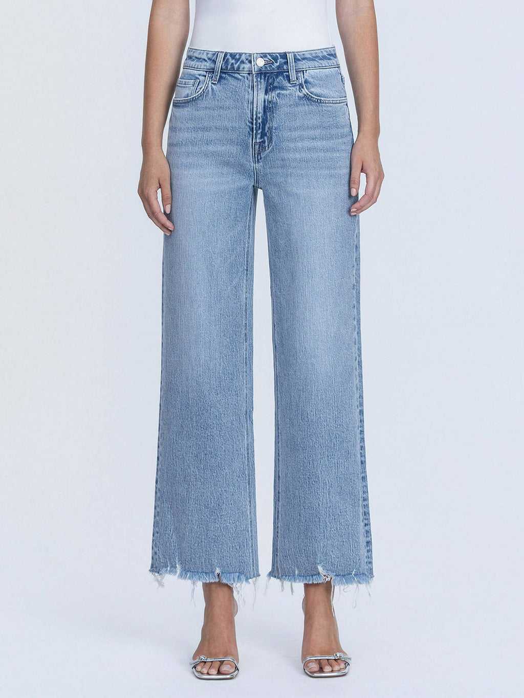 Vervet Mid Rise Frayed Hem Ankle Wide Leg Jeans