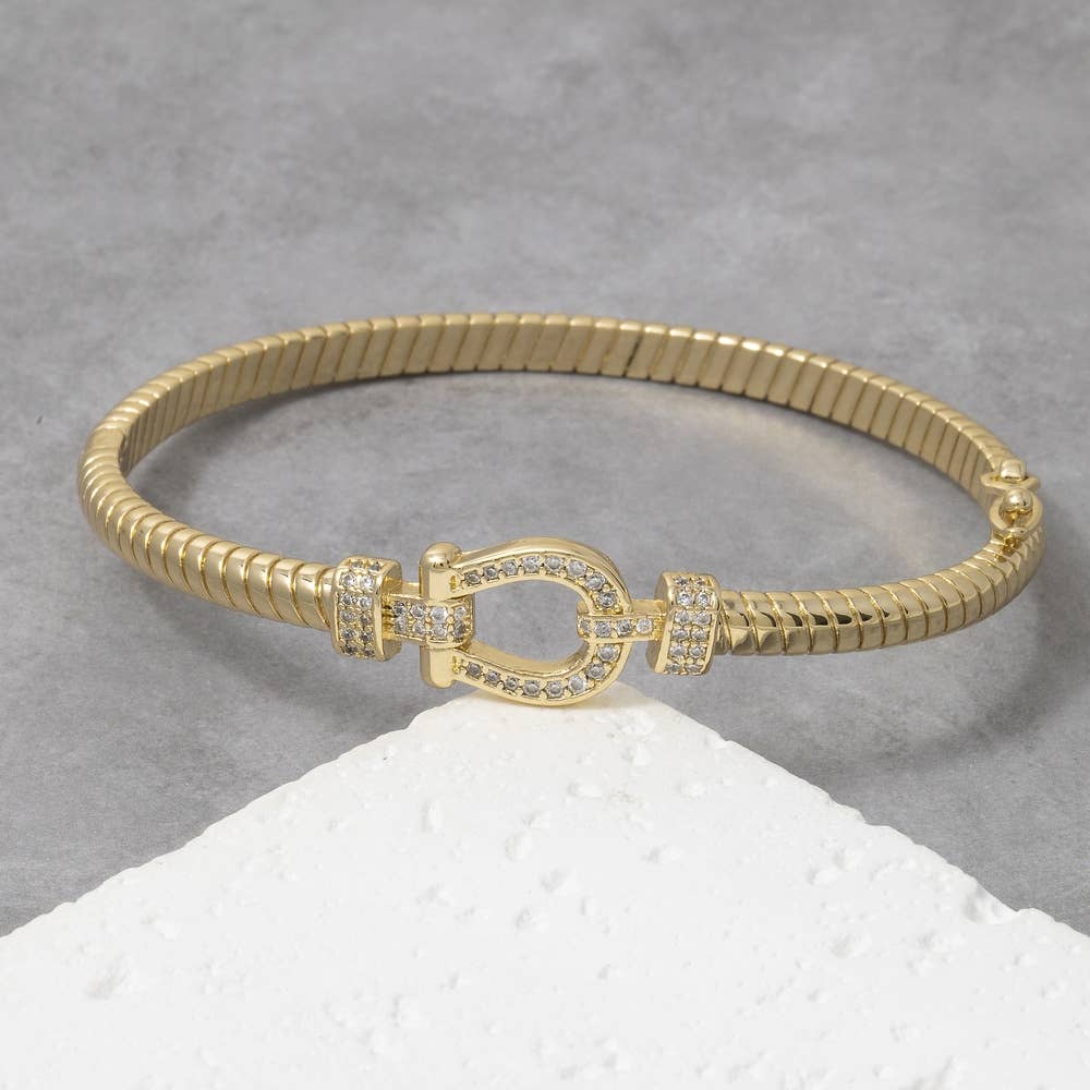 Pave Horseshoe Buckle Ribbed Bangle