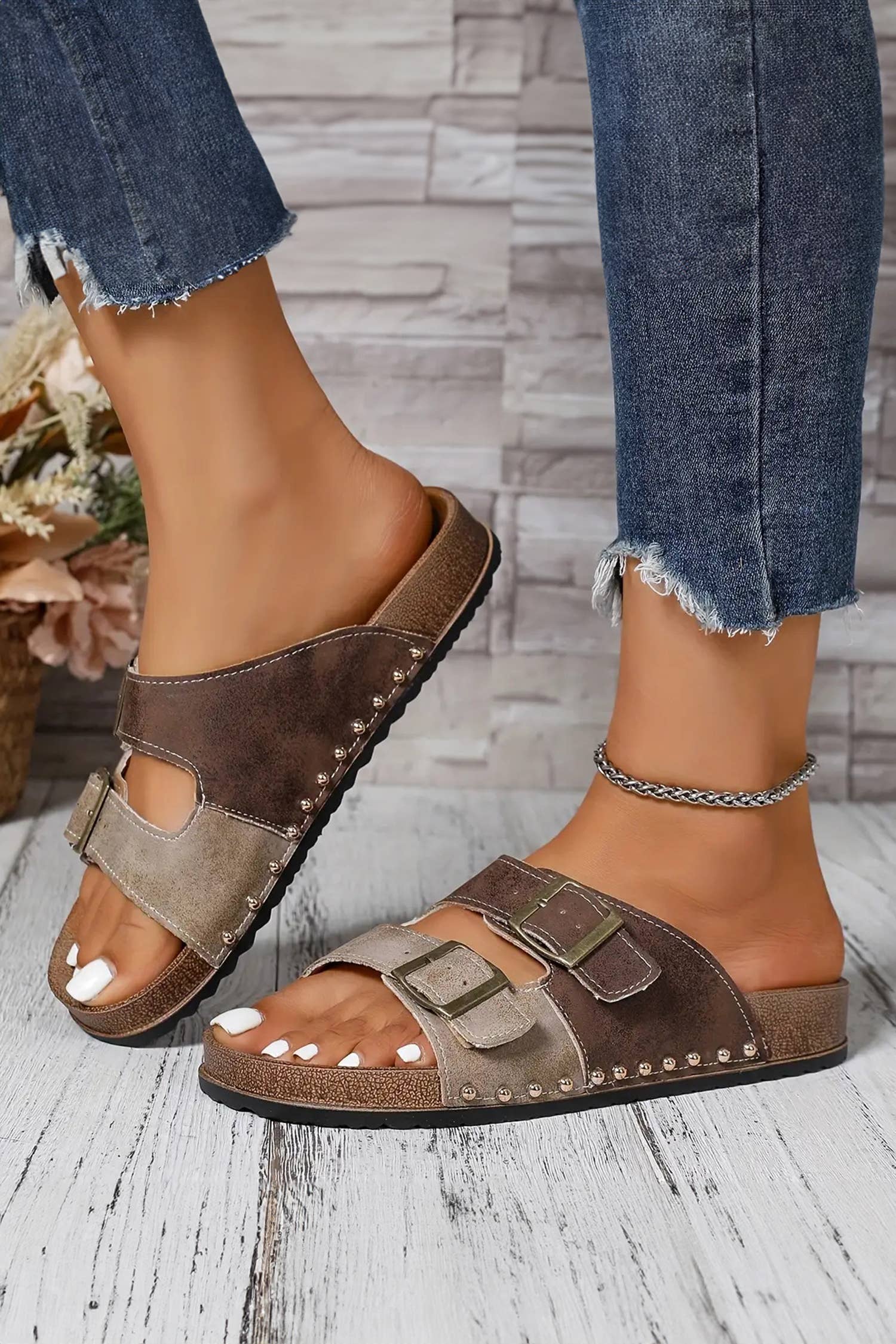 Western Suede Rivet Slip-On Sandals
