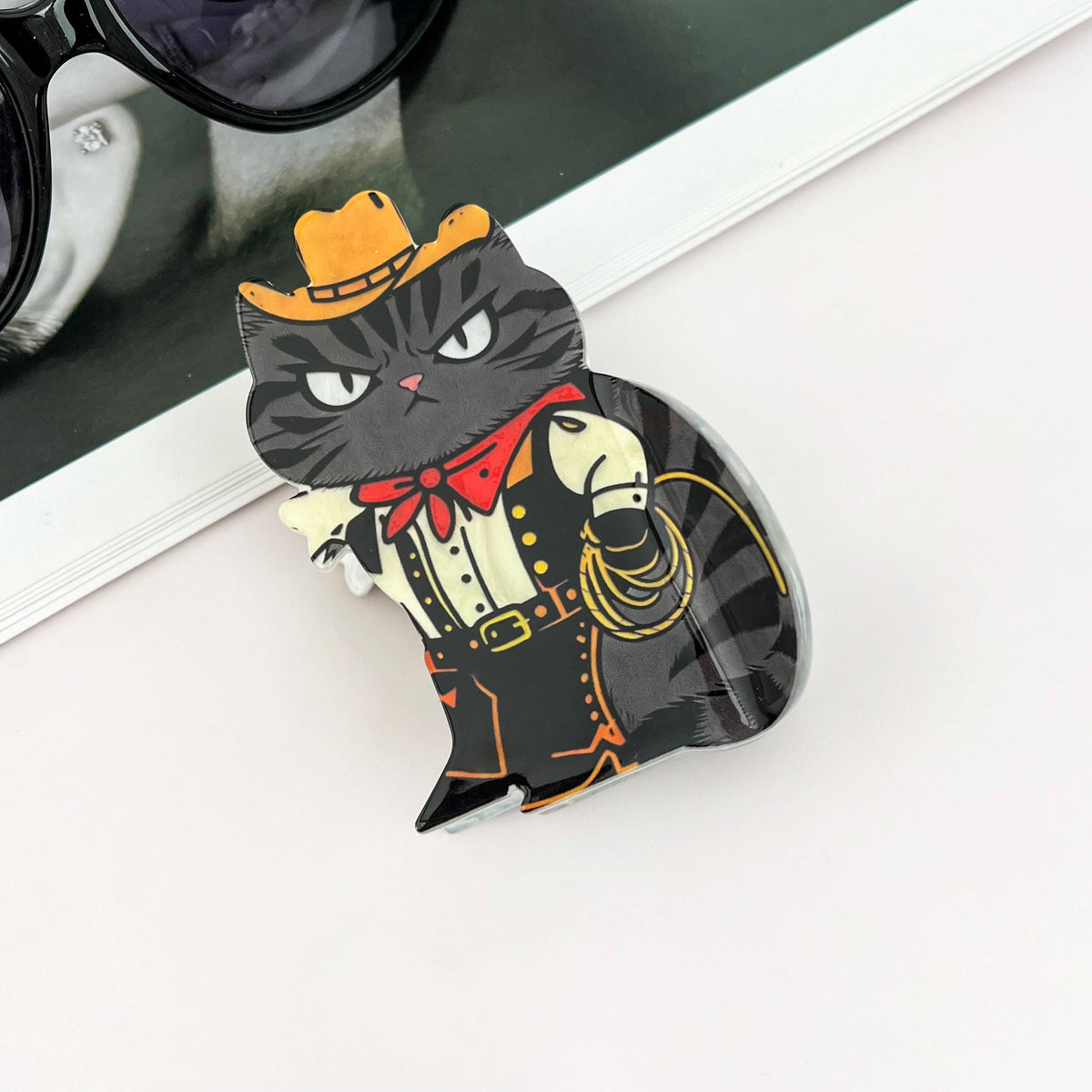 Cartoon Western Cowboy Hat Cat Printed Hair Claw Clip
