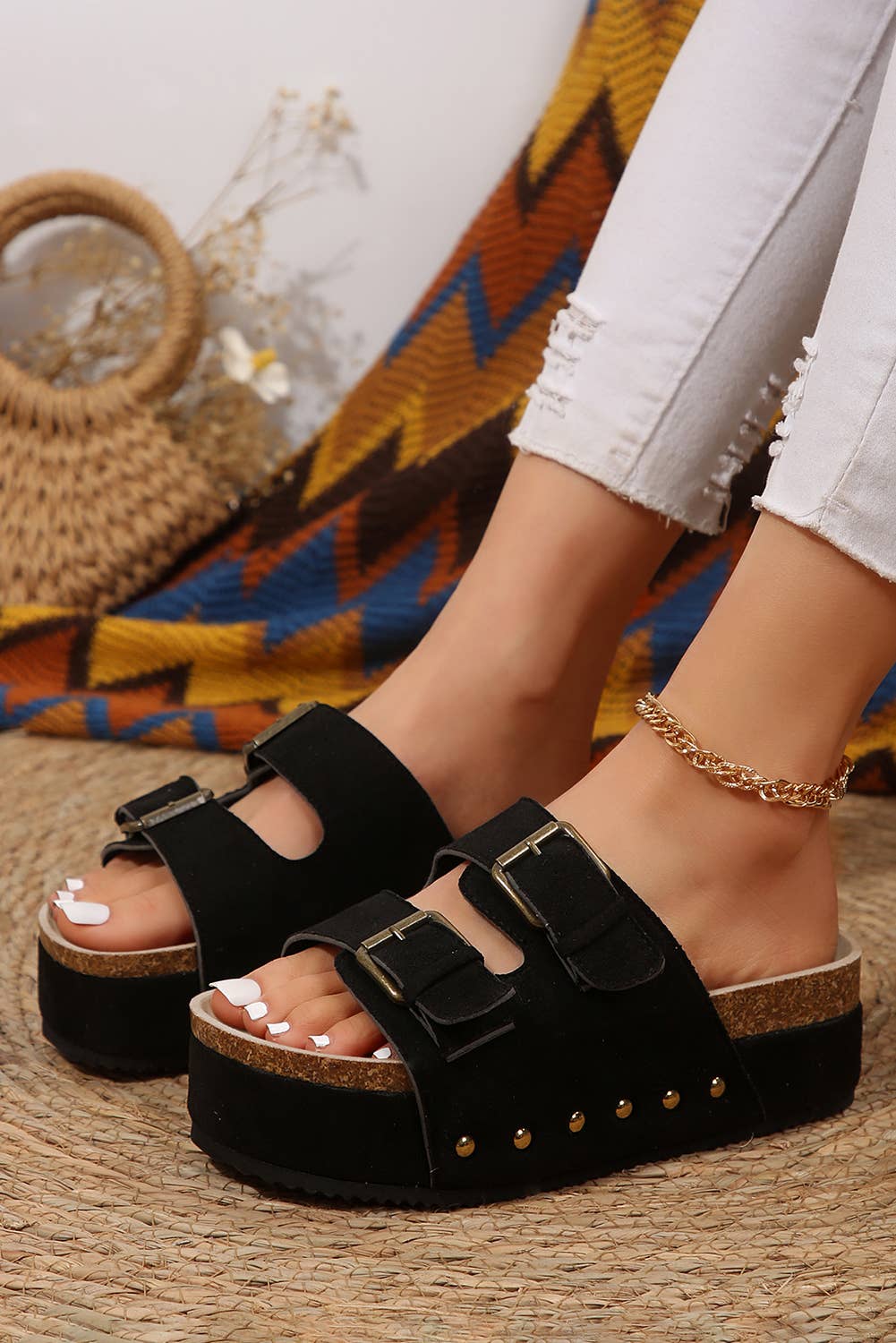 Suede Buckle Footbed Sandal Slippers
