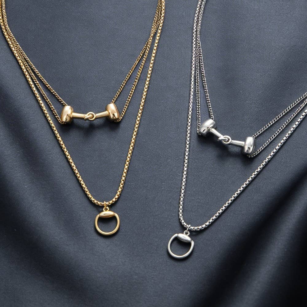 Layered Chain Interlock Bar Pendant Necklace