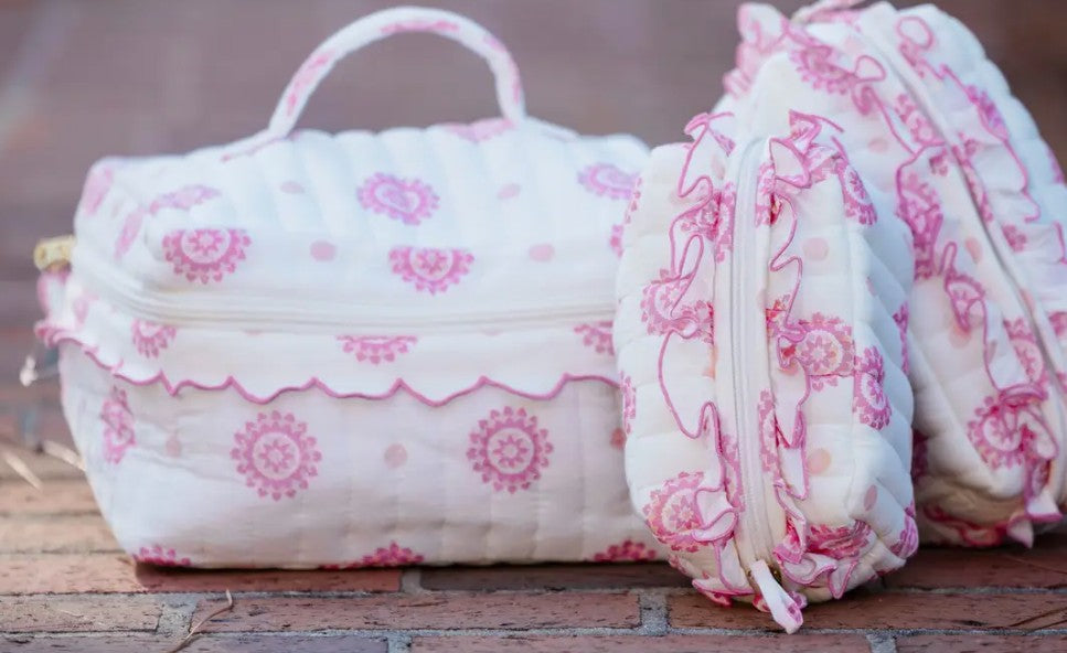 Rosette Luxe Quilted Ruffle Cosmetic Bag Set
